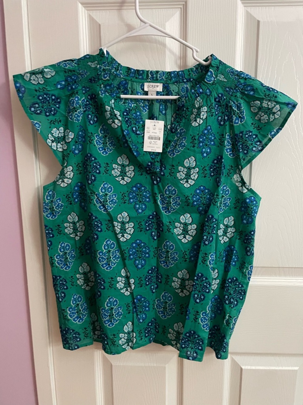 J. Crew Green Floral Cap-Sleeve Blouse